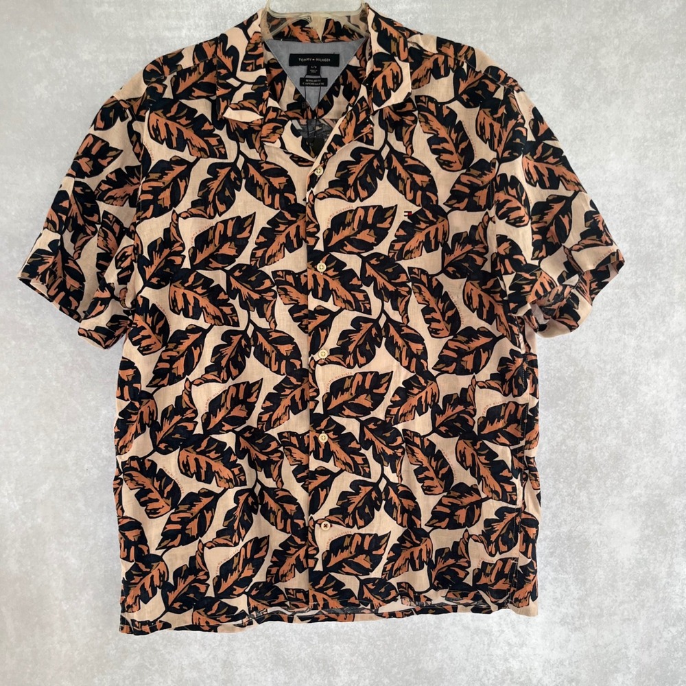 Tommy Hilfiger Mens Linen Tropical Resortwear Short Sleeve Button Camp Shirt L